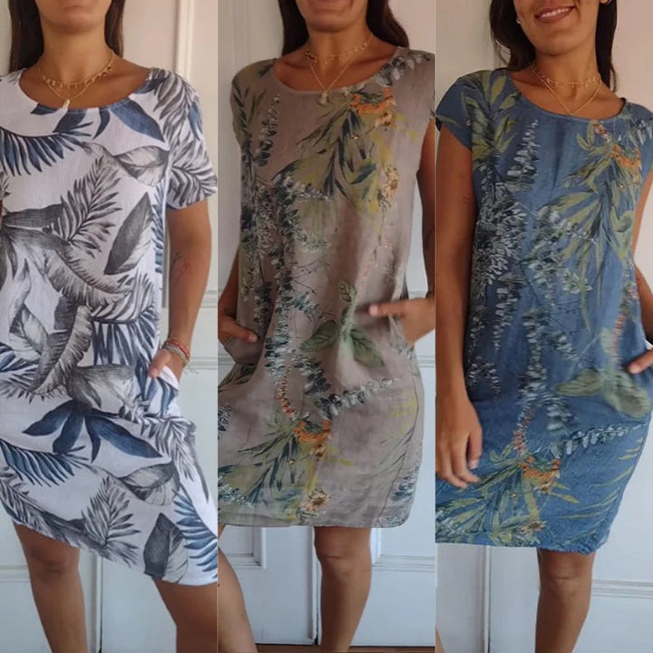 Kordula | Damen-Rundhals-Kleid mit botanischem Print