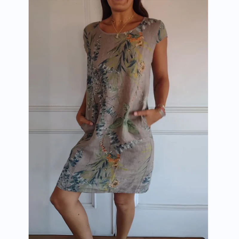 Kordula | Damen-Rundhals-Kleid mit botanischem Print