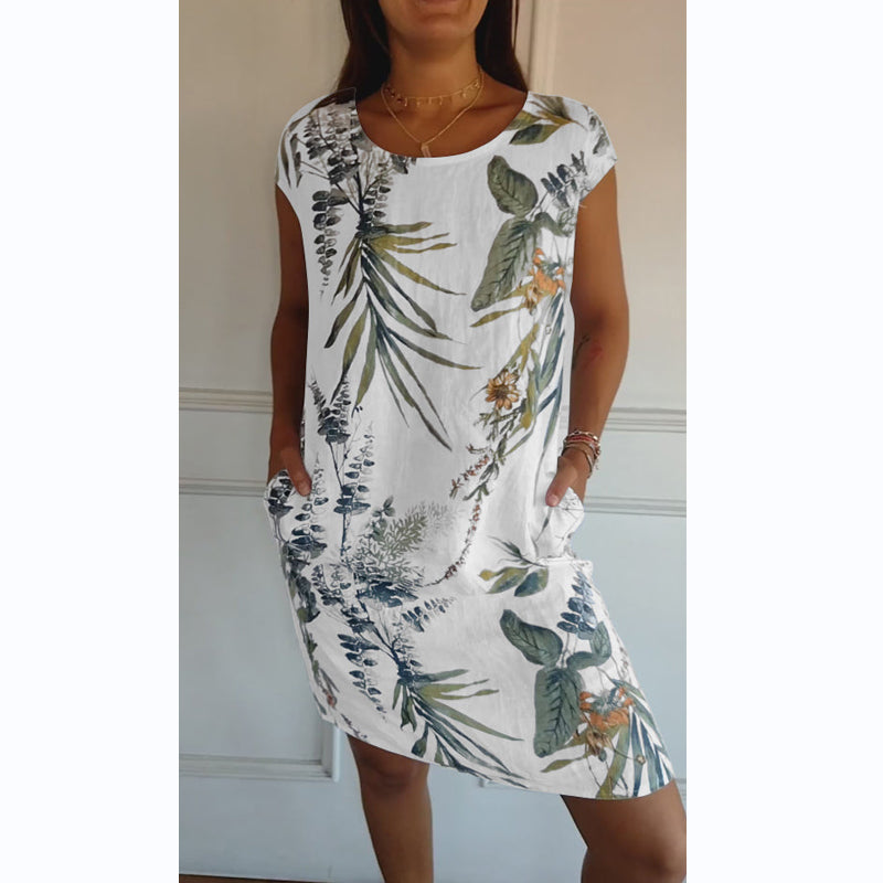 Kordula | Damen-Rundhals-Kleid mit botanischem Print