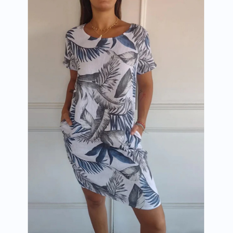 Kordula | Damen-Rundhals-Kleid mit botanischem Print