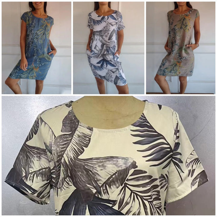 Kordula | Damen-Rundhals-Kleid mit botanischem Print